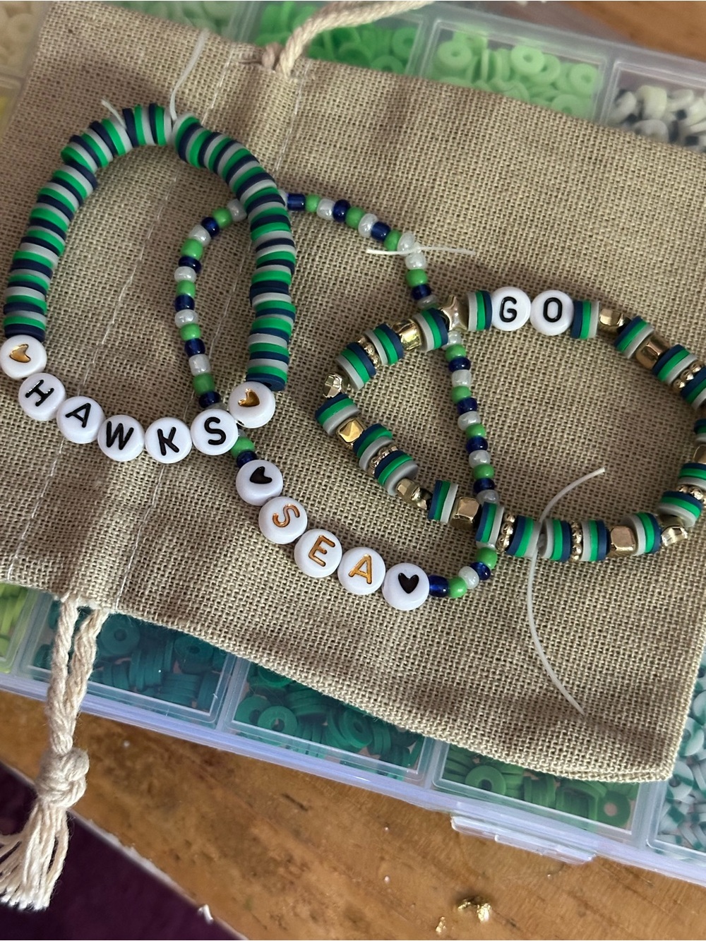 Seahawks Beaded Name Bracelet Set - Green/Blue Striped Design